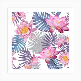 Hand Drawn Pink Lotus Flower And Botanical Leaves Pattern Square Art Print