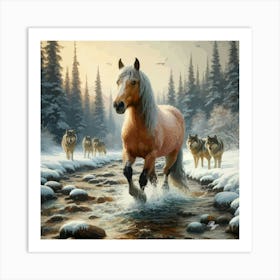 Beautiful Horse In Stream With Wolves 2 Art Print