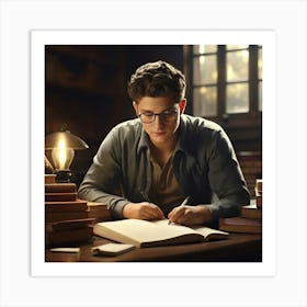 Young Man Writing In A Library Art Print