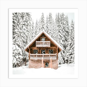 Cabin In The Snowy Pine Woods Art Print