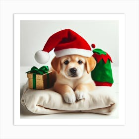 Puppy In Santa Hat Art Print