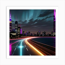 Modern Metropolis Rain and Neon Glow Art Print