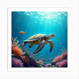 Turtle Near Colorful Corals 1 Art Print