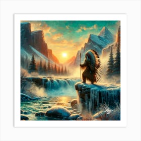 Native American Indian By Waterfall Copy 1 Art Print