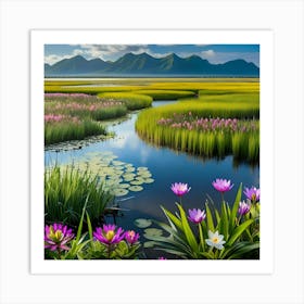 Marsh with mountain view Art Print