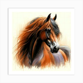 Brown Horse Portrait Color Drawing 1 Art Print