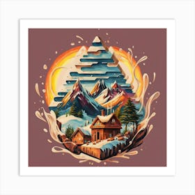 Mountain village snow wooden huts Art Print