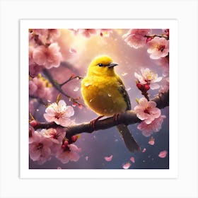 Cherry Blossom, Yellow Bird and Raindrops Art Print