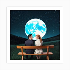 Couple Sitting On A Bench Under The Moon 2 Art Print