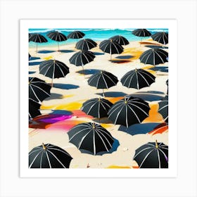 Black Umbrellas On The Beach colorful shadows Art Print
