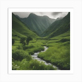 A Landscape Amidst Mountains Greenery And A Small Water Stream (1) Art Print