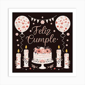 Feliz cumple and Feliz cumpleaños sign means Happy Birthday in Spanish language, Birthday party celebration gift with birthday cake candle colorful balloons best congratulation over light background wall artFeliz Cumple 23 Art Print