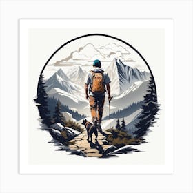 Hiker With Dog, man hiking with dog a trail through the Vintage mountains Art Print