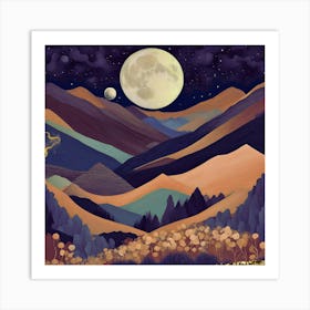 Moonlight In The Mountains, Moonlit Hills Colorful Paintings Landscape art Art Print