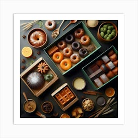 An Overhead View Of Dark Green And Orange Boxes, Flat Lay, Product Shot, Bakery 2 Art Print