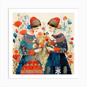 Two Women With Vintage Flowers Art Print