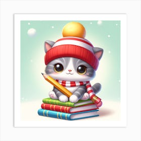 Cat On Books Art Print