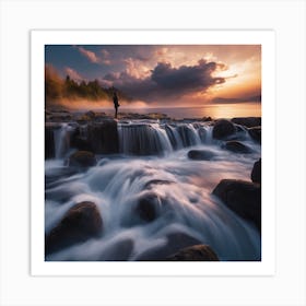 Waterfall At Sunset Art Print