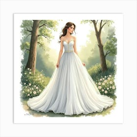 Elegant Dress Watercolor, Set Against A Serene Woodland Backdrop 1 Art Print