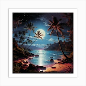 Abstract Tropical Ocean Landscape Night Moon Fantasy Palms Cove Art Print