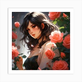 Japanese girl and roses 1 Art Print