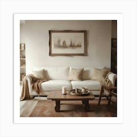 Neutral Toned Living Room With A White Sofa, Wooden Furniture, And Framed Artwork Depicting A Cityscape Art Print