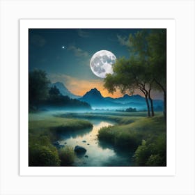 Full Moon Over A River Art Print