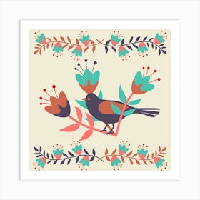 Birds Flowers Floral Vintage Nature Plants Little Birds Flowery Art Print