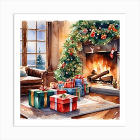 Christmas Presents In Front Of Fireplace 20 Art Print