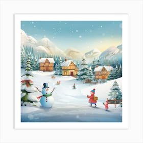 Winter Village With Snowman Art Print