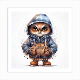 Watercolour Cartoon Owl In A Hoodie 1 Art Print