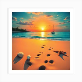 Sunset Beach With Footprints Poster