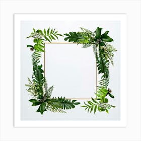 A Tropical Floral Decoration Showcasing A Square Frame Of A Stylized Tree Branch And Ferns Composit (5) Art Print