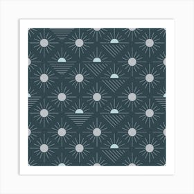 Geometric Pattern With Suns On Dark Blue Square Art Print