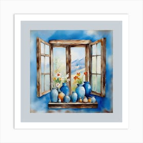 Blue wall. Open window. From inside an old-style room. Silver in the middle. There are several small pottery jars next to the window. There are flowers in the jars Spring oil colors. Wall painting.3 Art Print