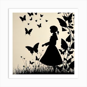 Silhouette Of A Girl With Butterflies 6 Art Print