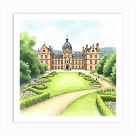 Watercolor View Of The Castle Howard In Yorkshire, Highlighting Its Grand Design And Expansive Gardens Art Print