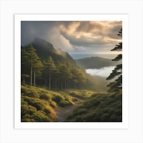 Sunrise In The Mountains, Pine trees Landscape Art Print