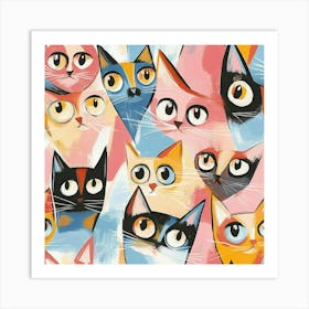 A Seamless Pattern Of Cute Cats With Big Eyes, Depicted In The Style Of Cubism On An Acrylic Painting Canvas, Colorful And Playful, Displayed Against Blush Coloured Background Affiche