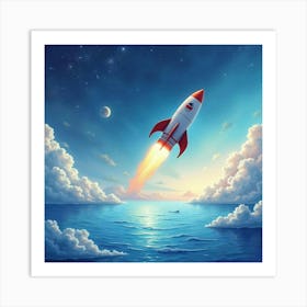 Rocket Navigating A Watercolor Tranquil Celestial Sea 1 Art Print