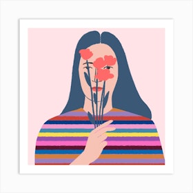 Girl With Flowers Square Art Print