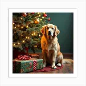 Golden Retriever By Christmas Tree Art Print