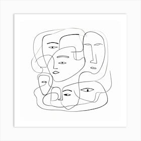 Abstract Faces Art, Black and white. White background 1 Art Print