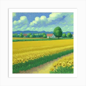 The Heart of the Countryside A Farmhouse Scene Sunflower Field Art Print