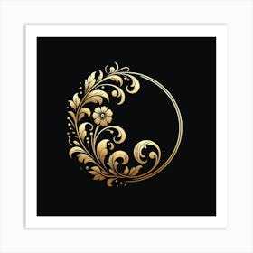 A golden circle of leaves and flowers on a black background, reminiscent of a vintage botanical illustration. Art Print