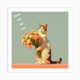 These Are For You, Cat Holding Flowers 1 Art Print