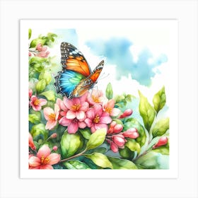 Watercolor Butterfly On Pink Flowers Art Print