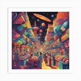 Cosmic Marketplace Cubism Style Art Print