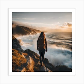 Woman Standing On Cliff At Sunset Art Print