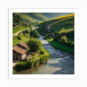 Village Near A River Art Print